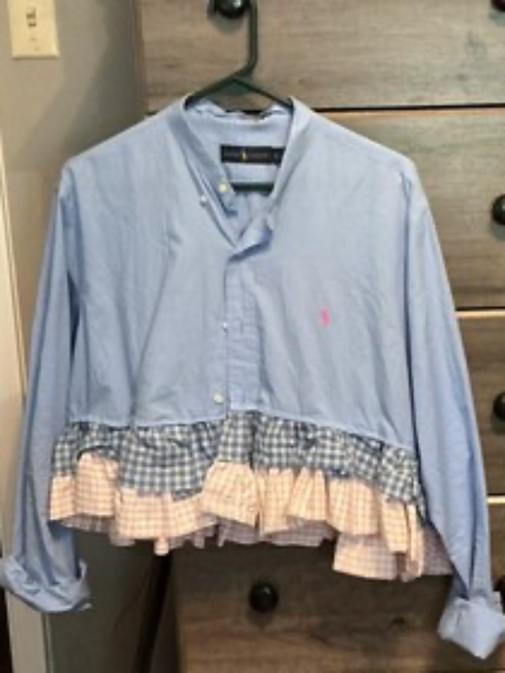 Upcycled L Ralph Lauren cropped shirt with 2 layers of ruffles